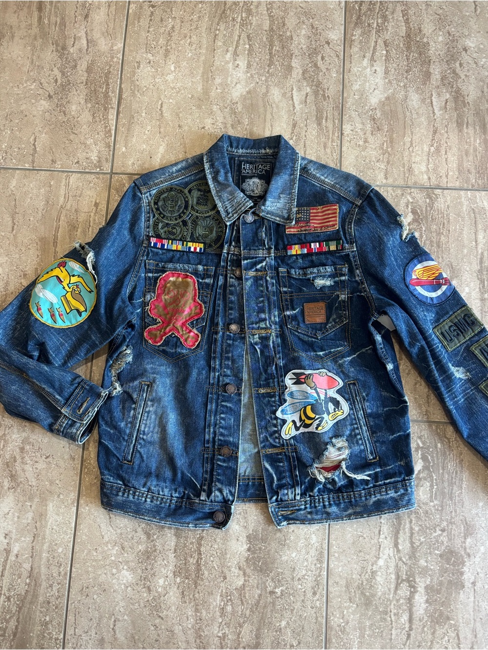 Heritage America Authentic vintage patchwork blue denim distressed jacket